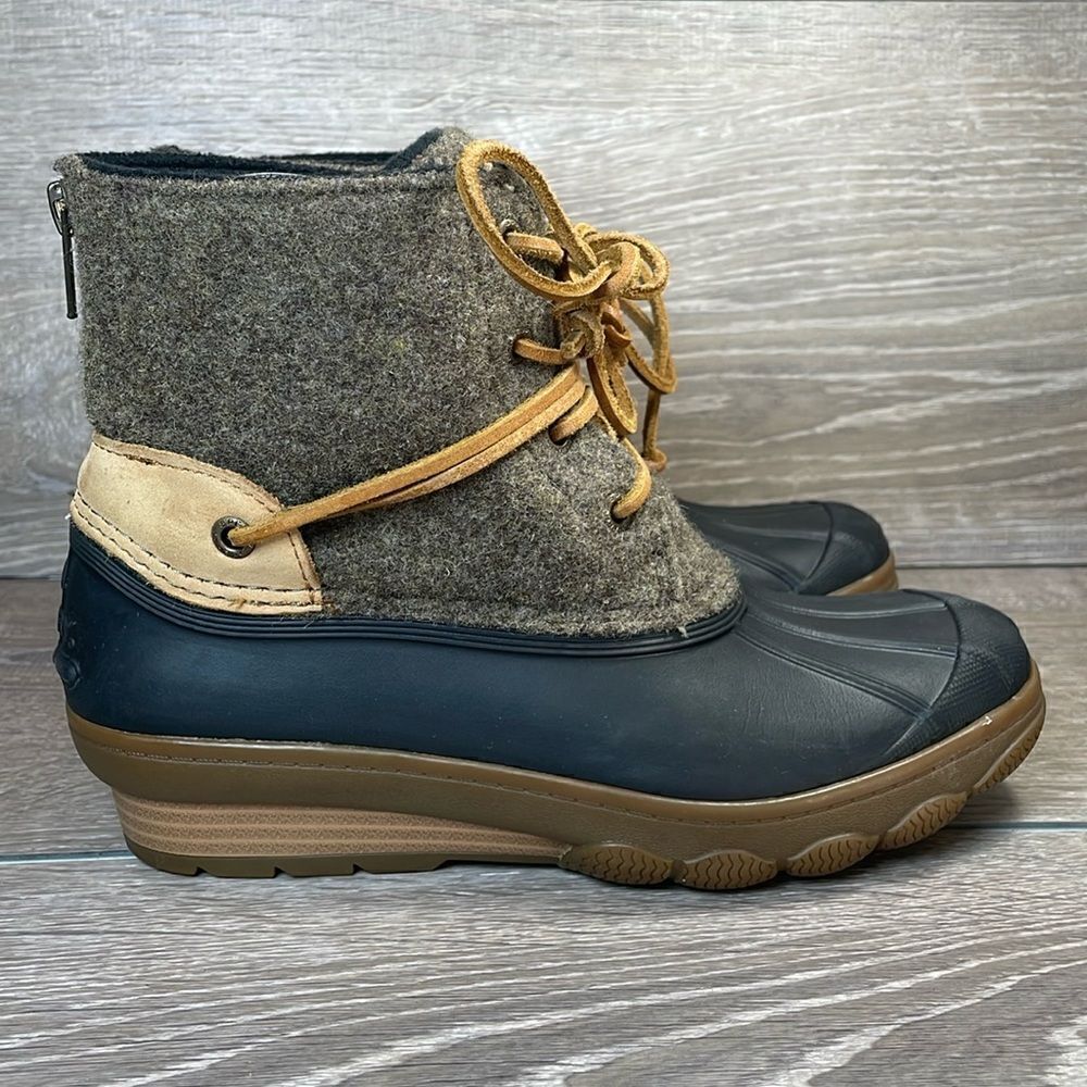 Sperry Top Sider Saltwater Tide Women’s Sz 5M Tan Black Zip Warm Wool Duck Boots